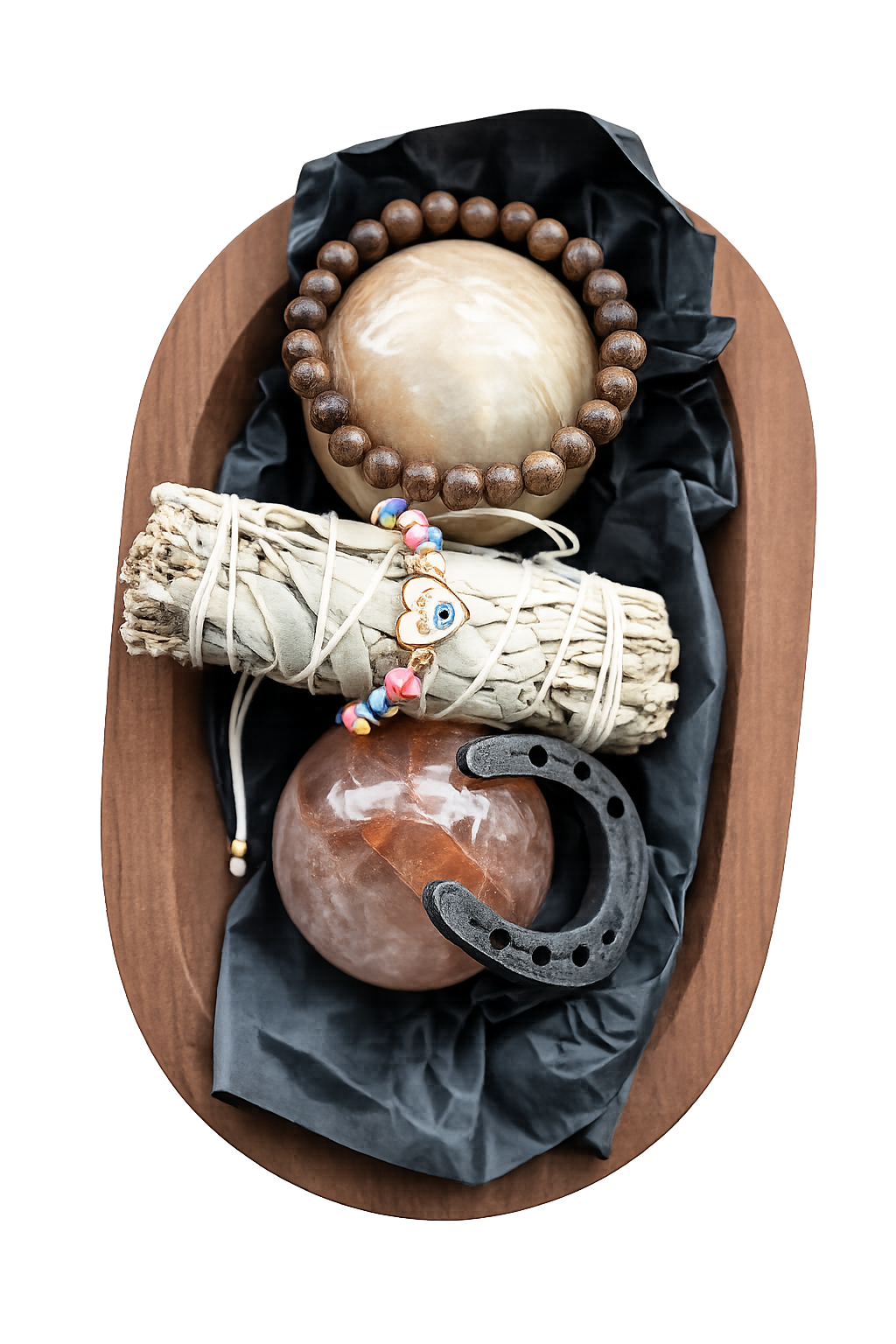 Ritual items on wooden tray