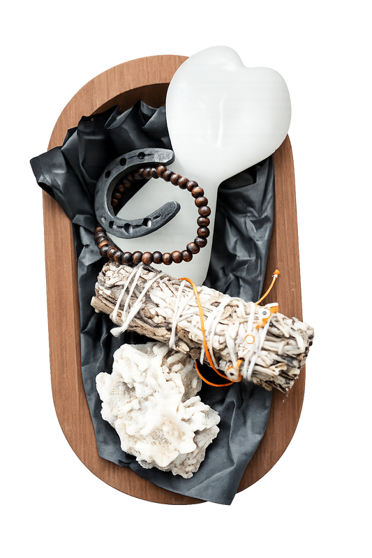 Ritual items on wooden tray