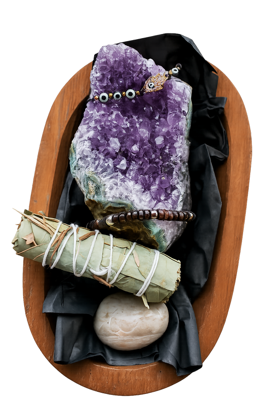 Ritual items on wooden tray