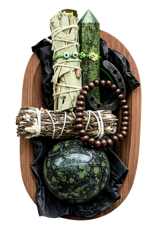 Ritual items on wooden tray